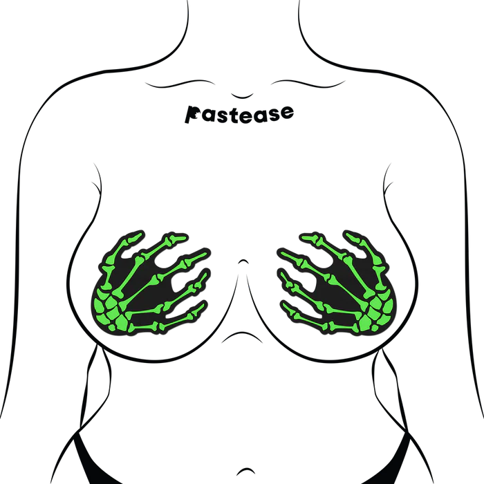 Zombie UV Reactive Boney Hands Nipple Pasties, Neon Green, One Size