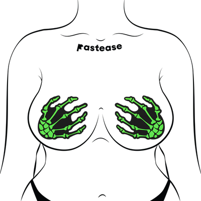 Zombie UV Reactive Boney Hands Nipple Pasties, Neon Green, One Size