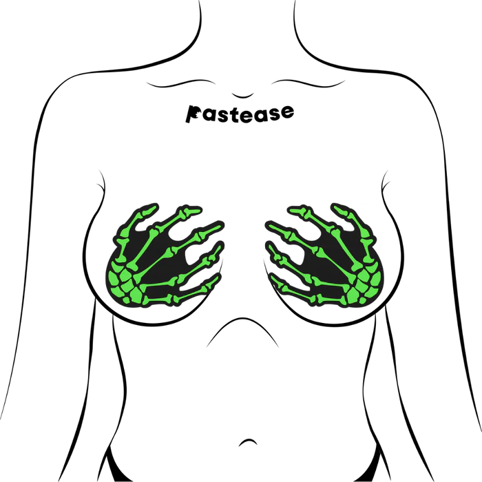 Zombie UV Reactive Boney Hands Nipple Pasties, Neon Green, One Size