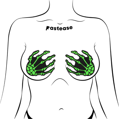 Zombie UV Reactive Boney Hands Nipple Pasties, Neon Green, One Size