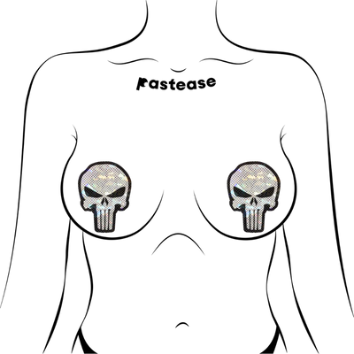 Punisher: Glittering Skull Nipple Pasties, White/Black, One Size