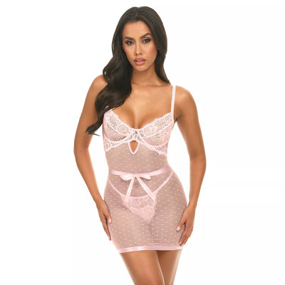 Josie Dot Mesh and Lace Babydoll & Panty Set, Pink