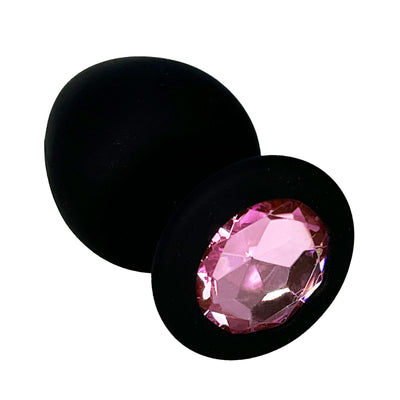 FETISH PLEASURE PLAY SILICONE BLACK ANAL PLUG WITH PINK JEWELED BASE - Large