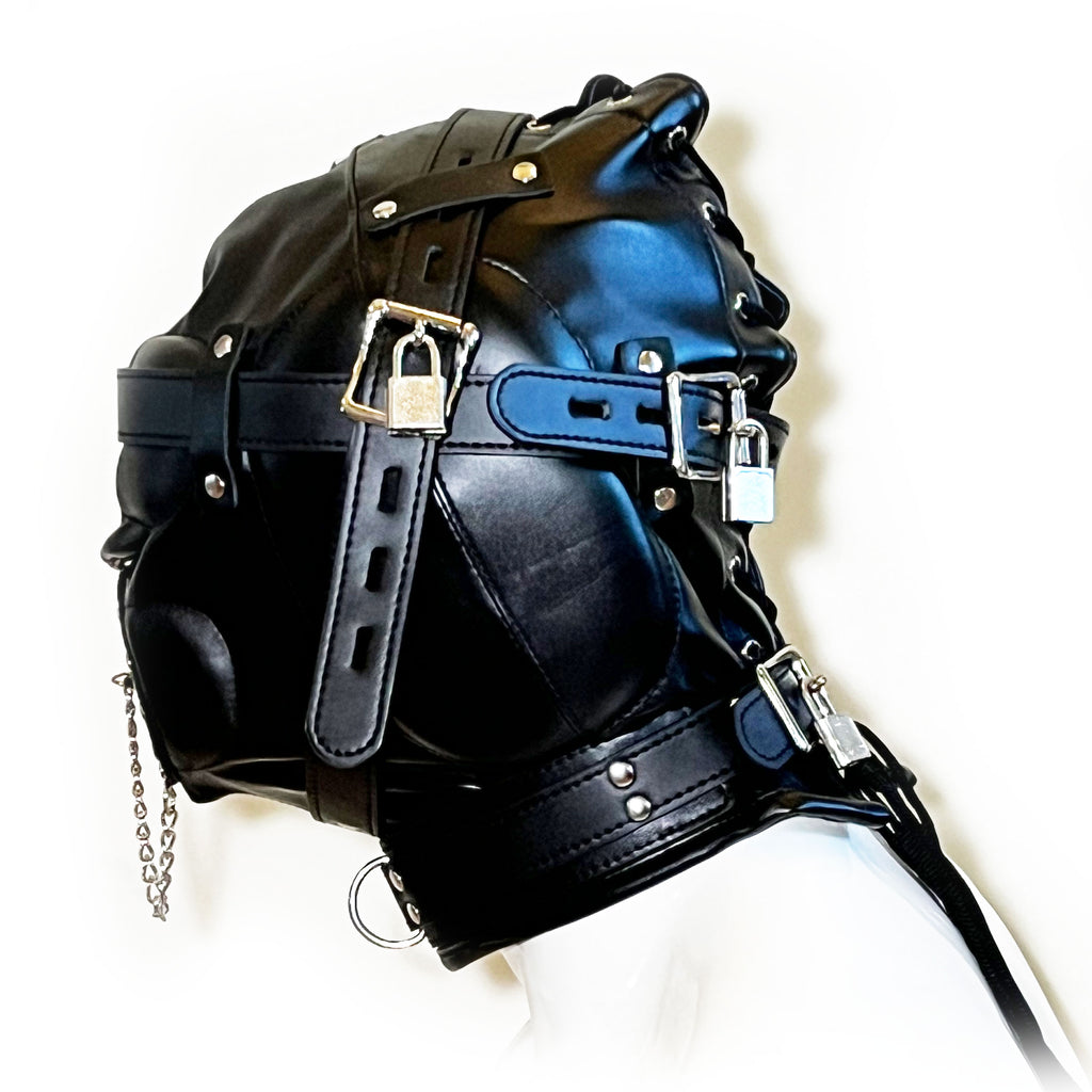Lace-Up Multi-Lock Confinement Hood by Fetish Pleasure Play in Black