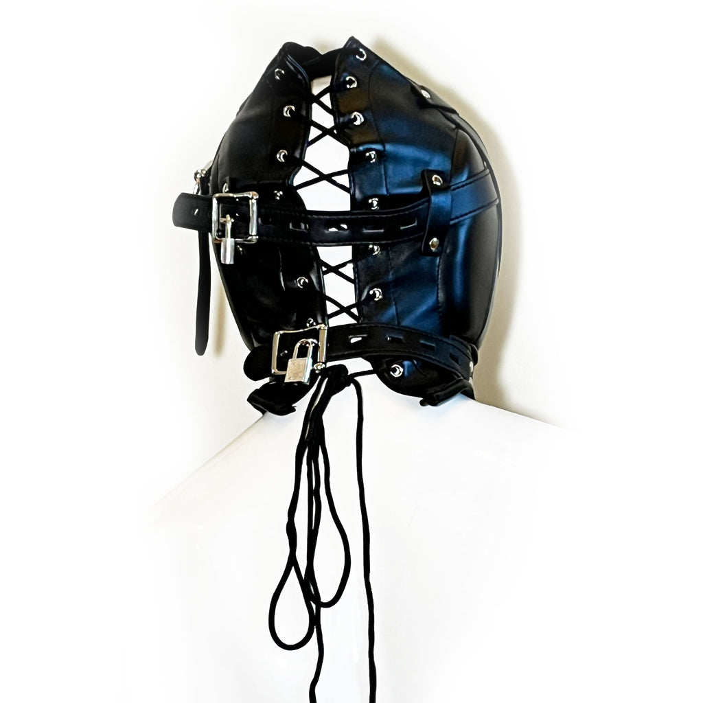 Lace-Up Multi-Lock Confinement Hood by Fetish Pleasure Play in Black