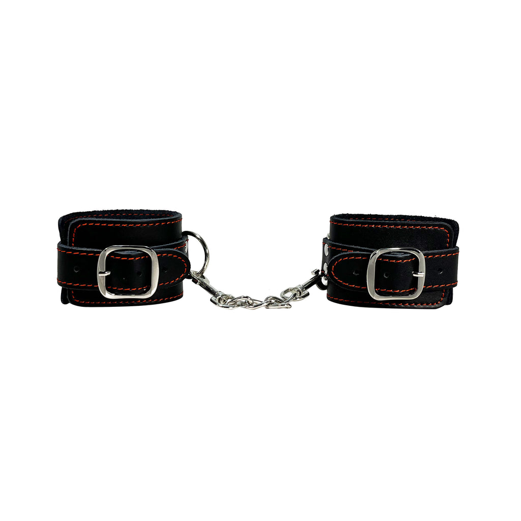 Wide Leather Wrist Restraints with Decorative Red Stitching by Fetish Pleasure Play in Black