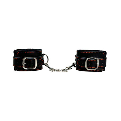 Wide Leather Wrist Restraints with Decorative Red Stitching by Fetish Pleasure Play in Black