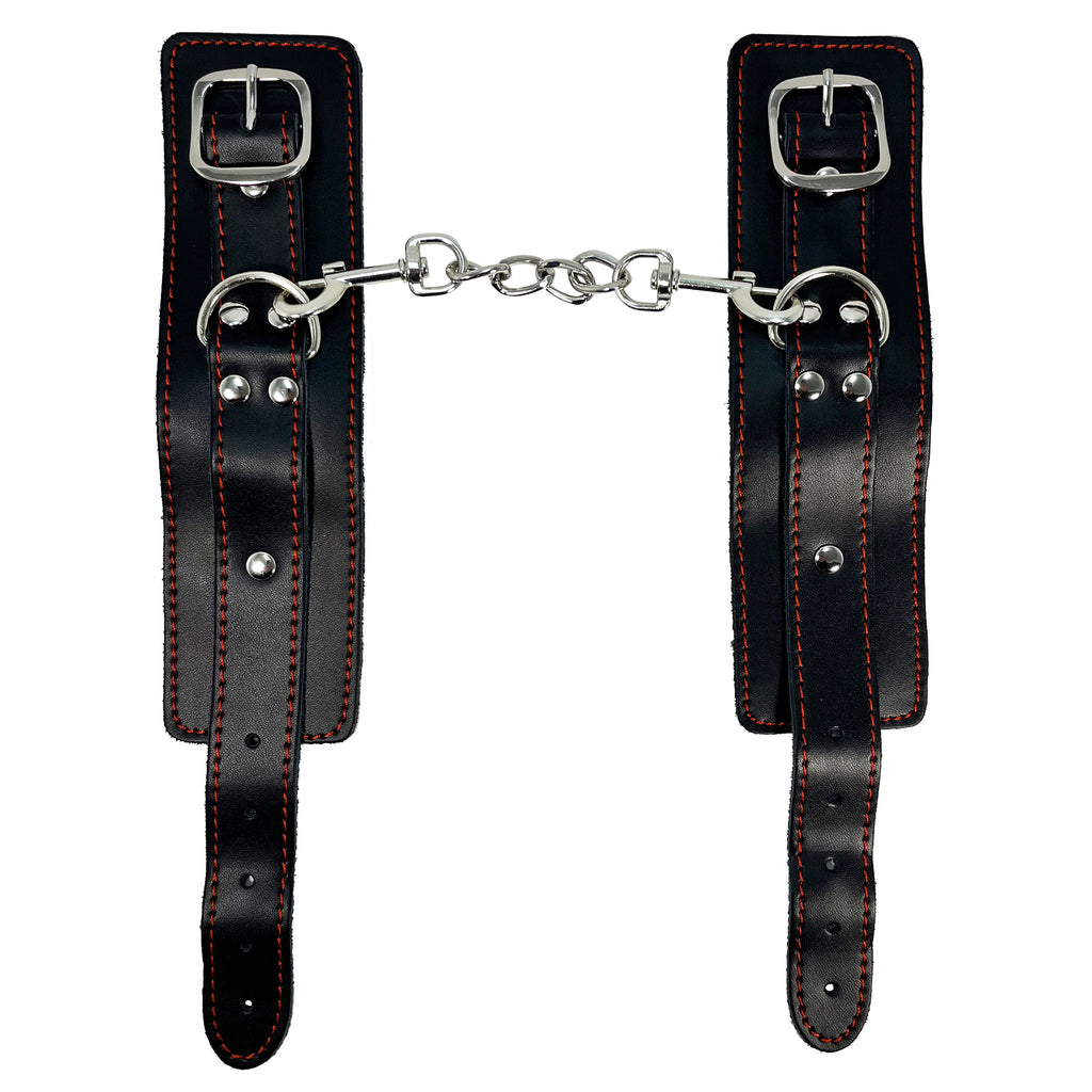 Wide Leather Wrist Restraints with Decorative Red Stitching by Fetish Pleasure Play in Black