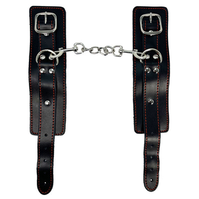 Wide Leather Wrist Restraints with Decorative Red Stitching by Fetish Pleasure Play in Black