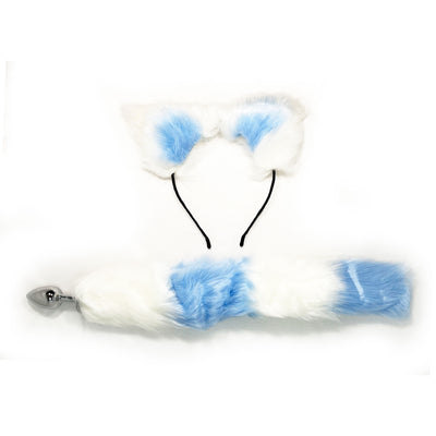 FAUX WHITE AND BLUE FOX TAIL WITH EARS ANAL PLUG SET