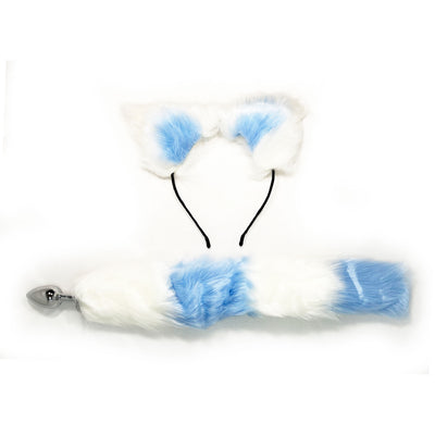 FAUX WHITE AND BLUE FOX TAIL WITH EARS ANAL PLUG SET FAUX WHITE AND BLUE FOX TAIL WITH EARS ANAL PLUG SET