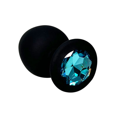 FETISH PLEASURE PLAY SILICONE BLACK ANAL PLUG WITH BLUE JEWELED BASE - Large