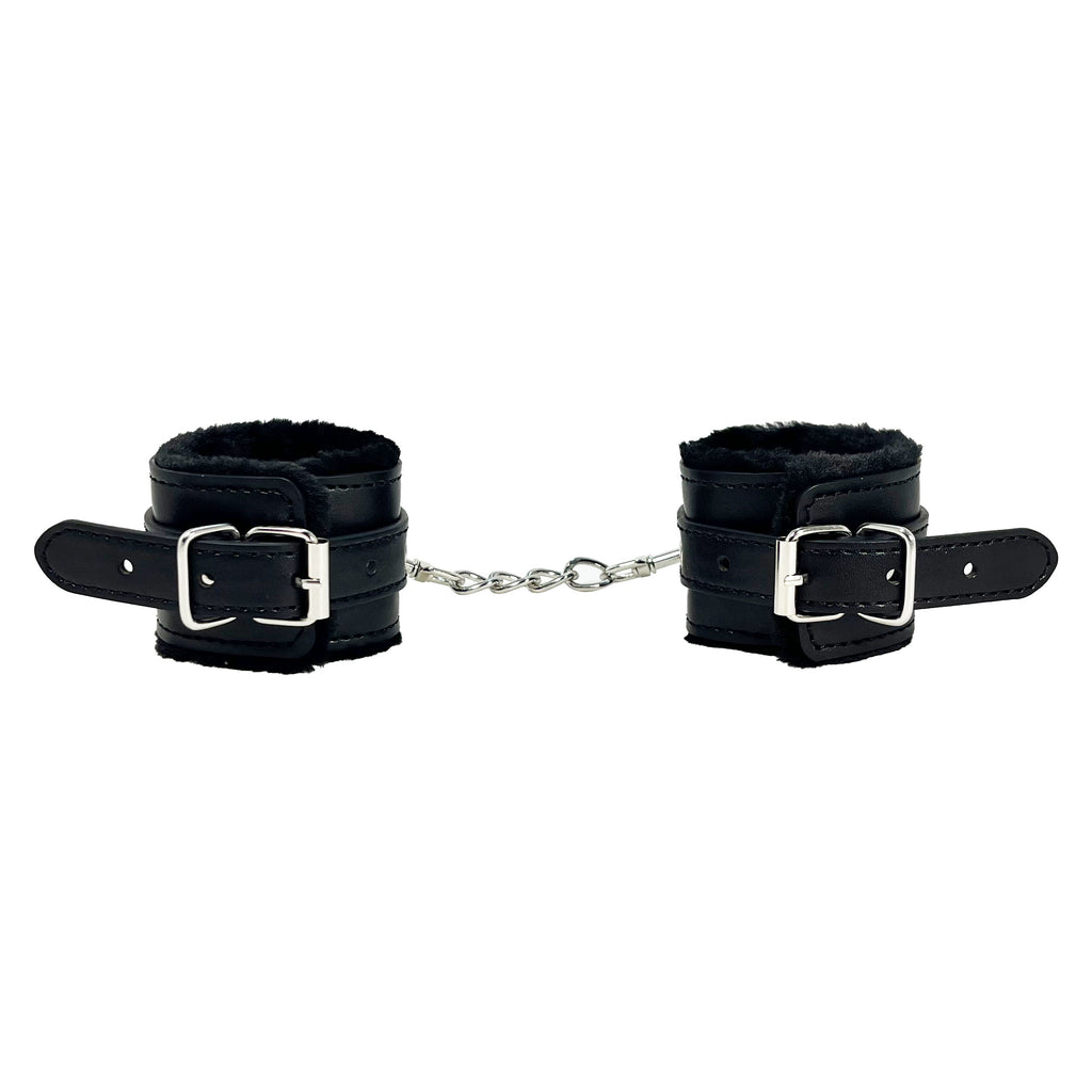 Wrist Restraints with Chain and Faux Fur Lining by Fetish Pleasure Play in Black