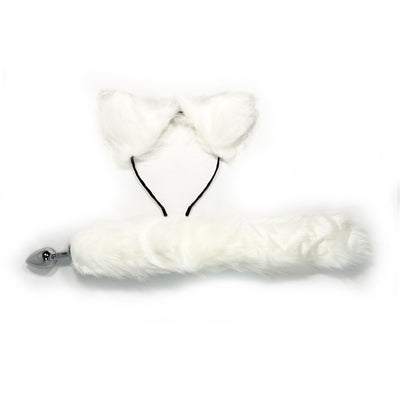 FAUX WHITE FOX TAIL WITH EARS ANAL PLUG SET