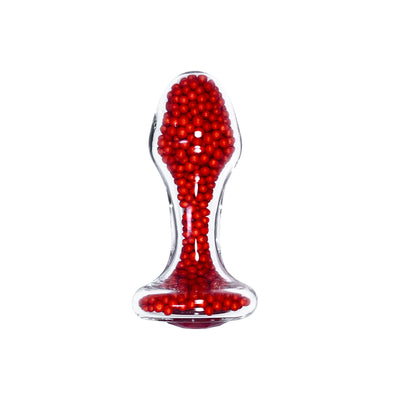 Red Bead-Filled Clear Glass Butt Plug with Red Jewel by Glass Pleasure Play