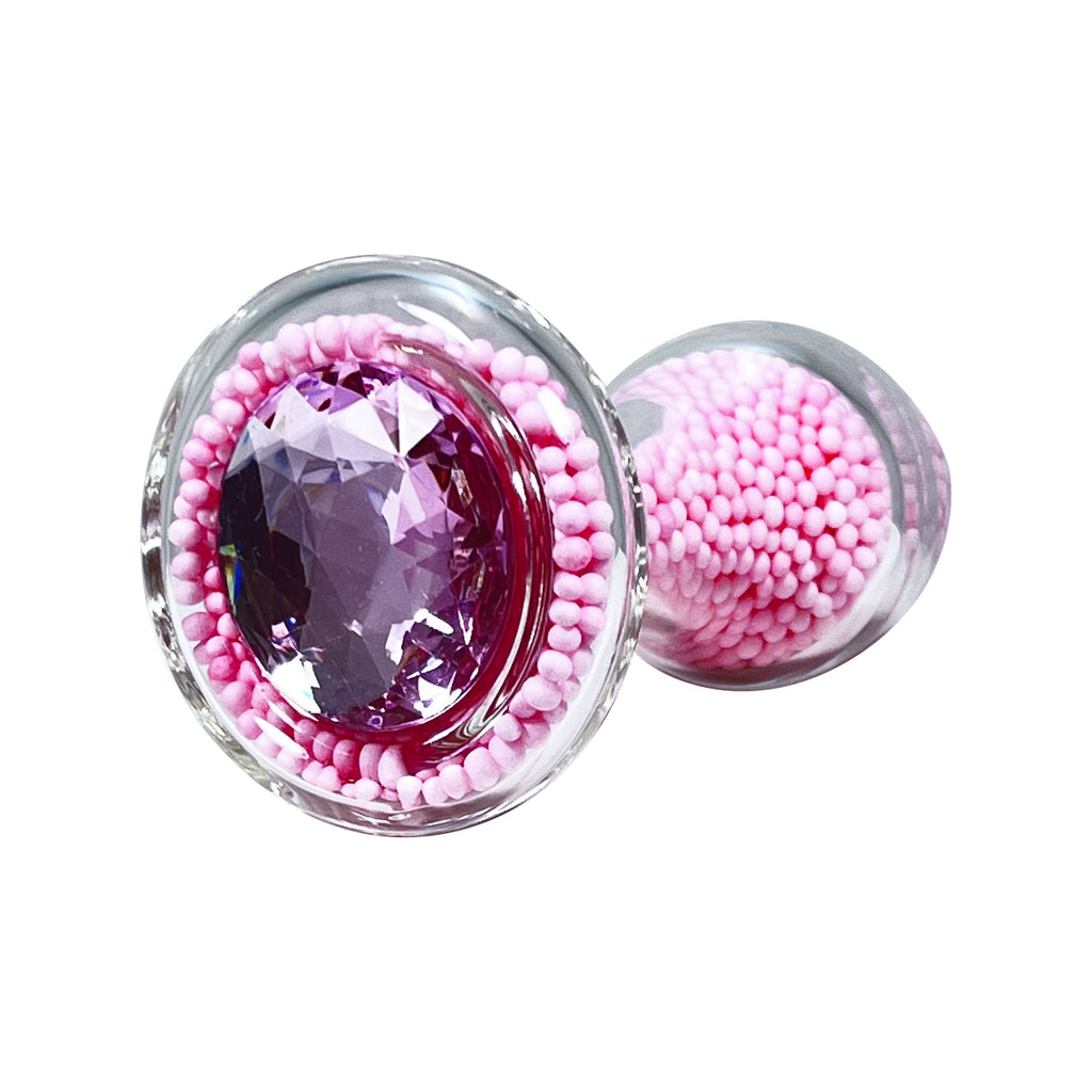 Pink Bead-Filled Clear Glass Butt Plug with Pink Jewel by Glass Pleasure Play
