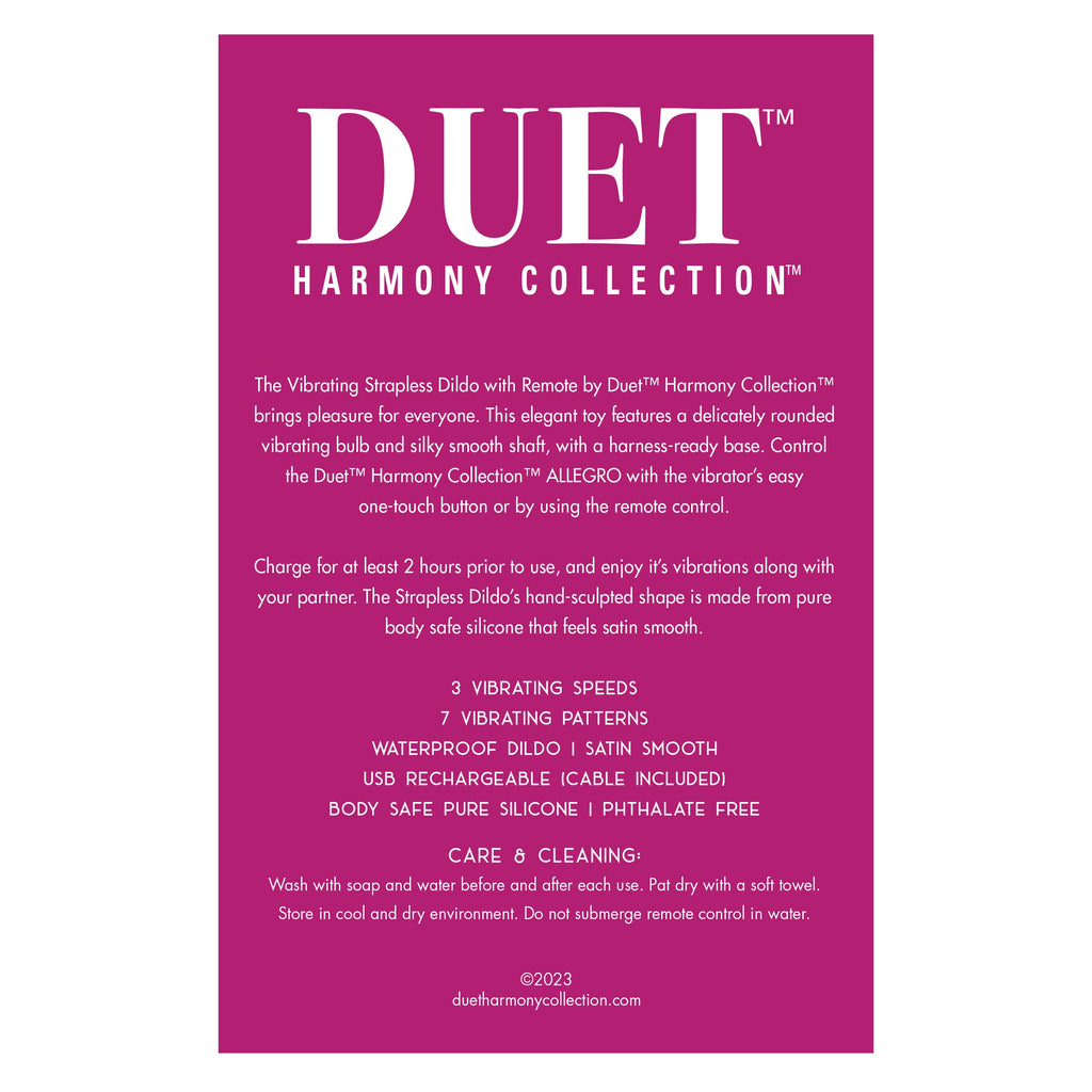 THE DUET HARMONY COLLECTION VIBRATING STRAPLESS DILDO WITH REMOTE - Medium