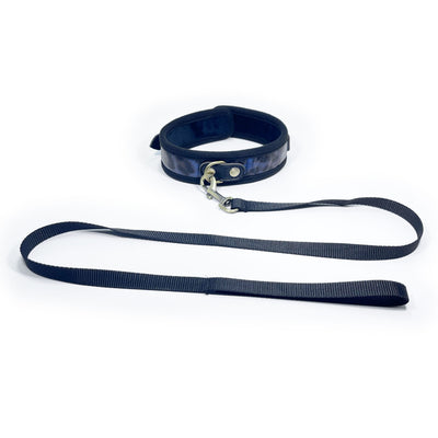 Leopard Print Collar and Leash Set by Fetish Pleasure Play in Midnight Blue