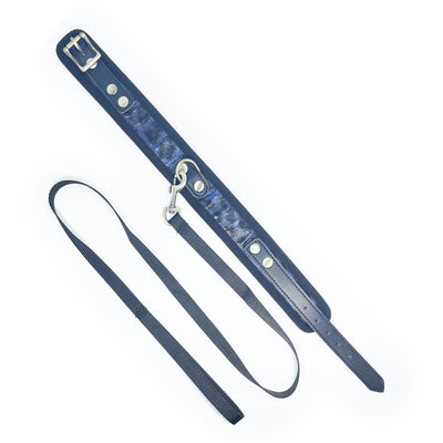 Leopard Print Collar and Leash Set by Fetish Pleasure Play in Midnight Blue