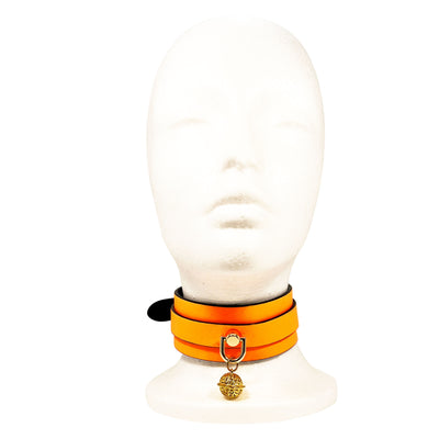 Glow in the Dark Collar and Leash with Brass Bell by Fetish Pleasure Play in Orange