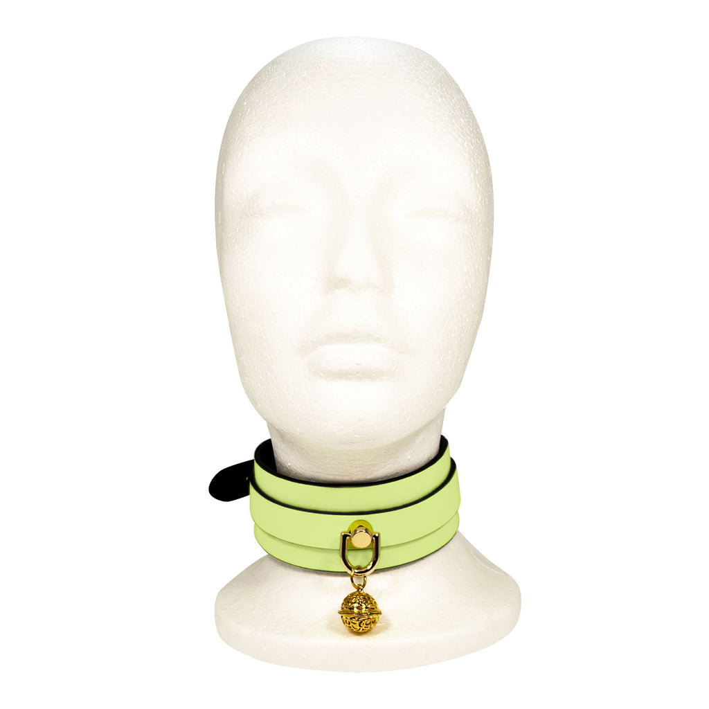 Glow in the Dark Collar and Leash with Brass Bell by Fetish Pleasure Play in Green