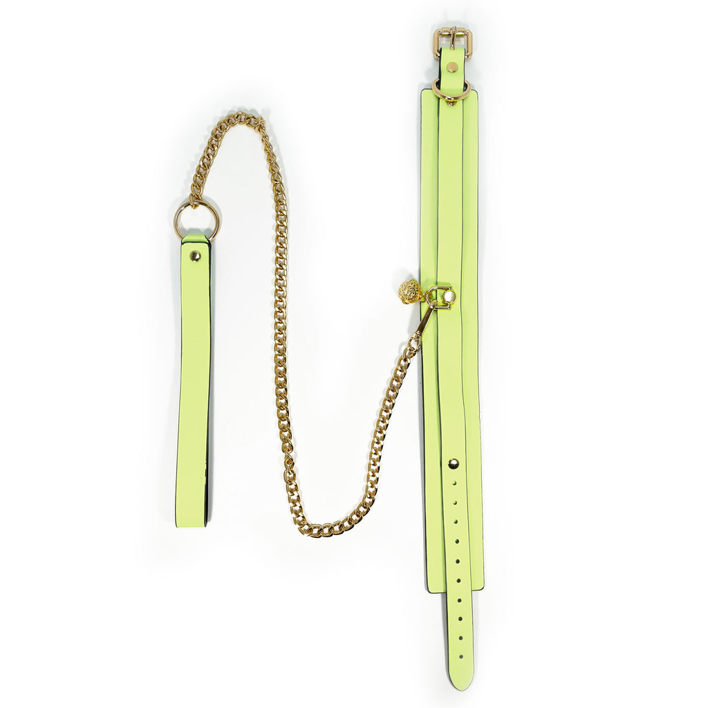 Glow in the Dark Collar and Leash with Brass Bell by Fetish Pleasure Play in Green