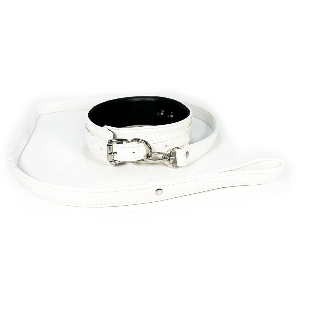 Faux Leather Collar and Leash Set by Fetish Pleasure Play in White