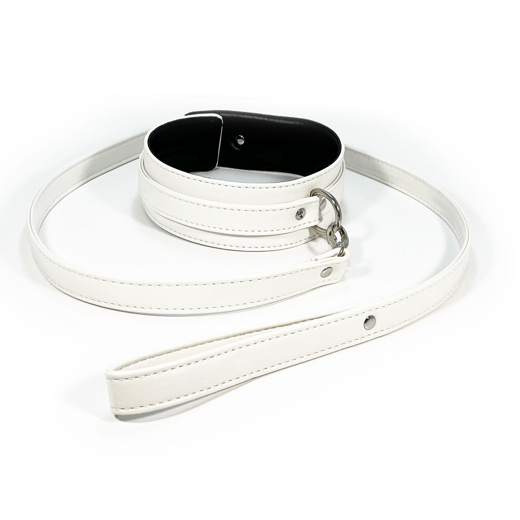 Faux Leather Collar and Leash Set by Fetish Pleasure Play in White