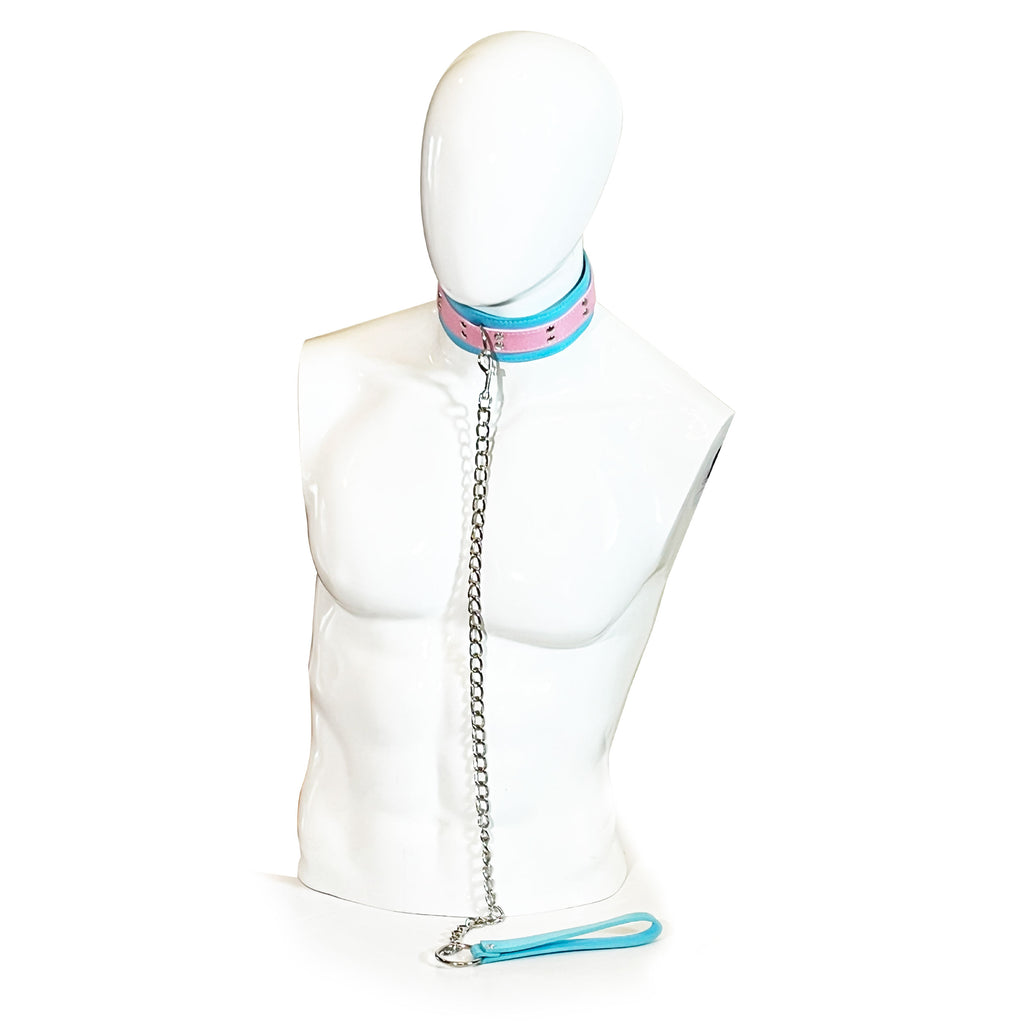 Two-Toned Collar with Chain Leash Set by Fetish Pleasure Play in Pink and Teal