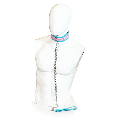 Two-Toned Collar with Chain Leash Set by Fetish Pleasure Play in Pink and Teal
