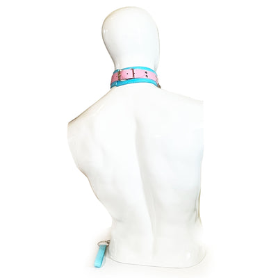 Two-Toned Collar with Chain Leash Set by Fetish Pleasure Play in Pink and Teal