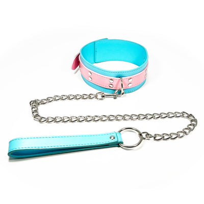 Two-Toned Collar with Chain Leash Set by Fetish Pleasure Play in Pink and Teal
