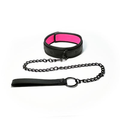 Faux Leather and Neoprene Collar and Chain Leash by Fetish Pleasure Play in Black and Pink