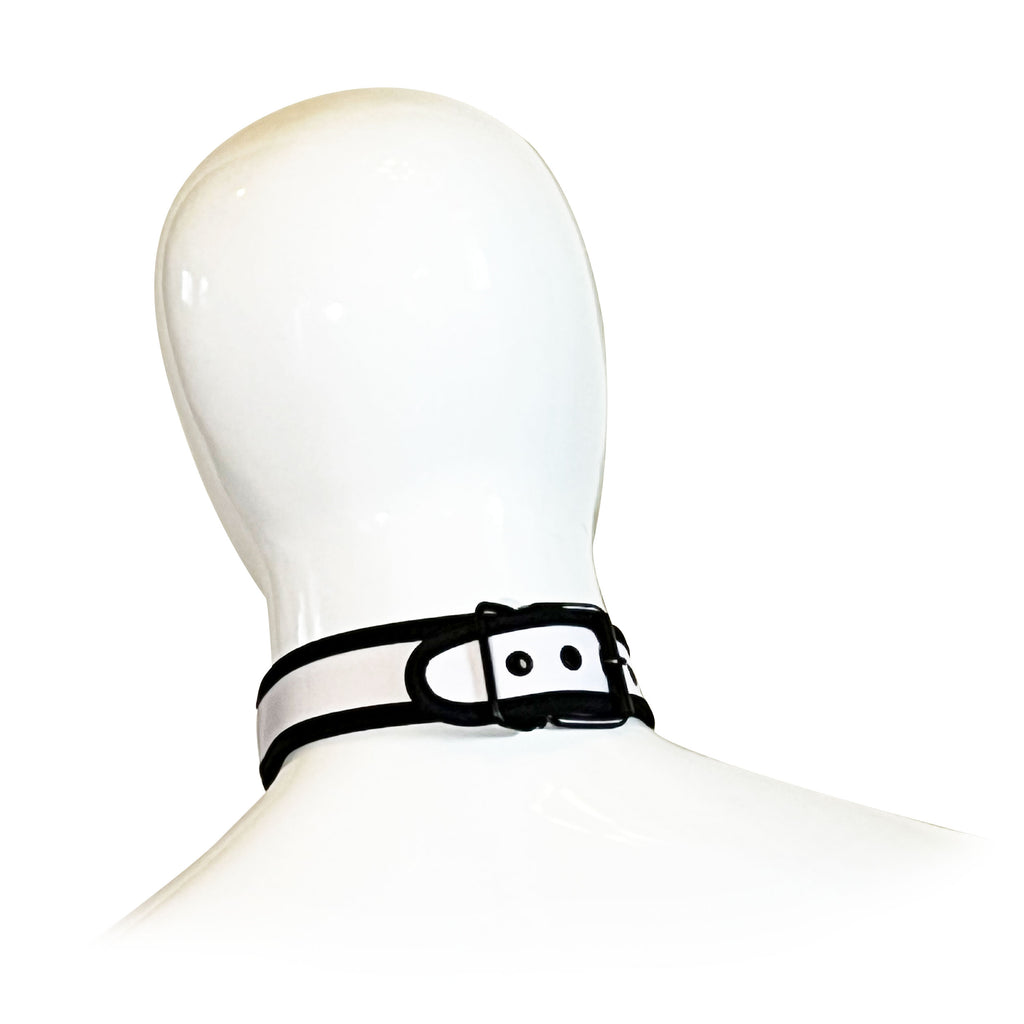 Adjustable Neoprene Collar with D-Ring by Fetish Pleasure Play in White and Black