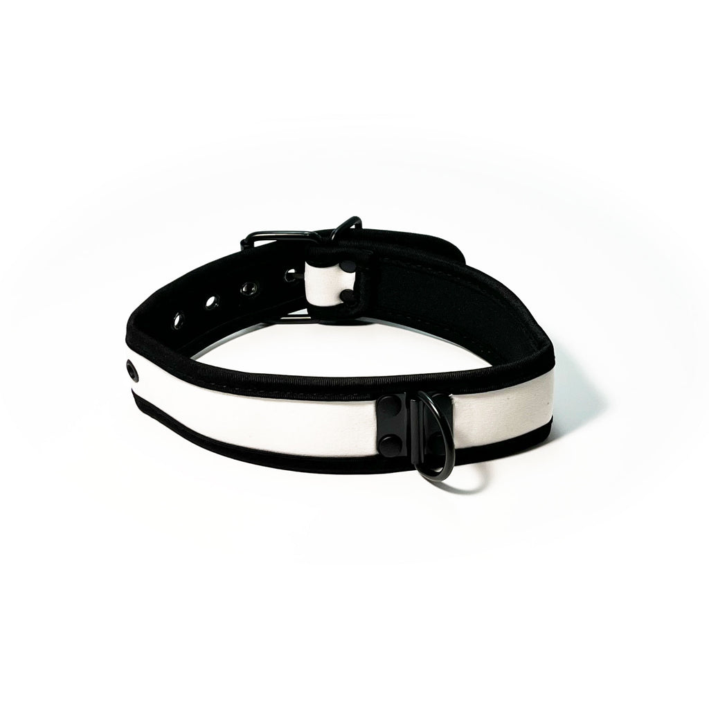 Adjustable Neoprene Collar with D-Ring by Fetish Pleasure Play in White and Black