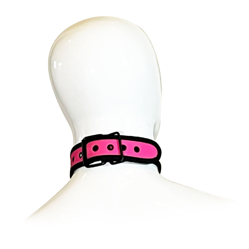 Adjustable Neoprene Collar with D-Ring by Fetish Pleasure Play in Pink and Black