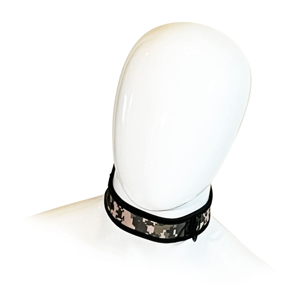 Adjustable Neoprene Collar with D-Ring by Fetish Pleasure Play in Camo and Black