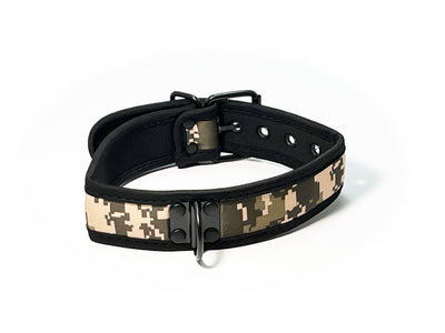 Adjustable Neoprene Collar with D-Ring by Fetish Pleasure Play in Camo and Black