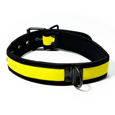 Adjustable Neoprene Collar with D-Ring by Fetish Pleasure Play in Yellow