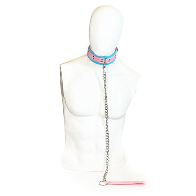 Collar with Chain Leash Set by Fetish Pleasure Play in Teal and Pink