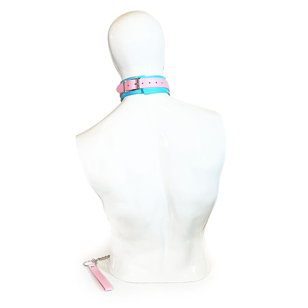 Collar with Chain Leash Set by Fetish Pleasure Play in Teal and Pink