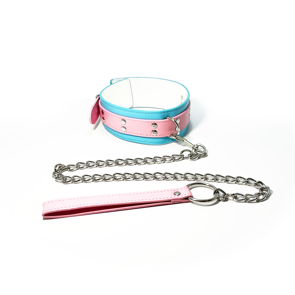 Collar with Chain Leash Set by Fetish Pleasure Play in Teal and Pink