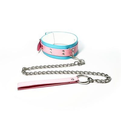 Collar with Chain Leash Set by Fetish Pleasure Play in Teal and Pink