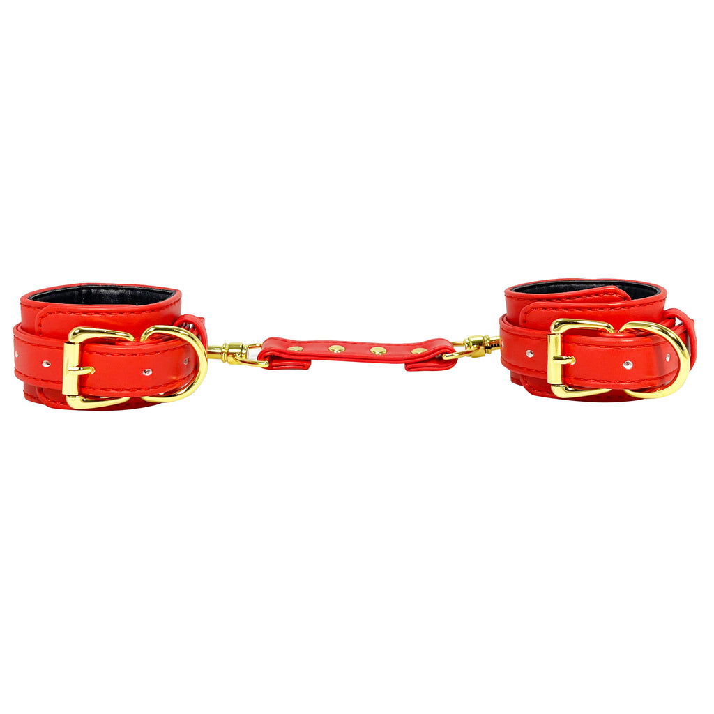 Red Wrist Cuffs with Gold Tone Hardware by Fetish Pleasure Play
