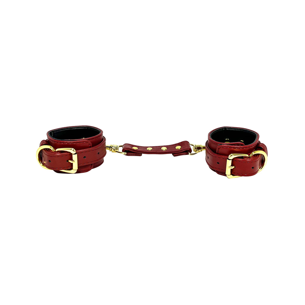 Burgundy Wrist Cuffs with Brass Toned Hardware by Fetish Pleasure Play