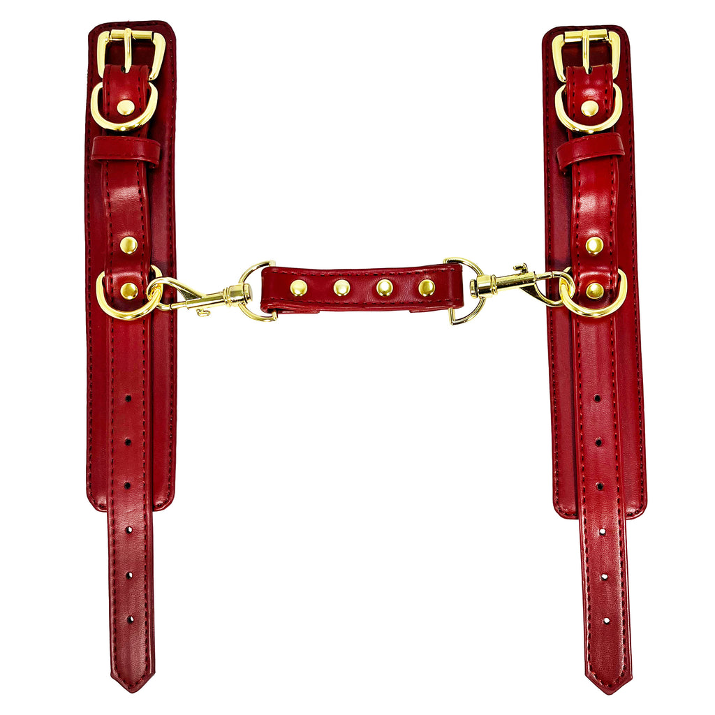 Burgundy Wrist Cuffs with Brass Toned Hardware by Fetish Pleasure Play