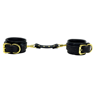 Wrist Cuffs with Brass-Toned Hardware by Fetish Pleasure Play in Black