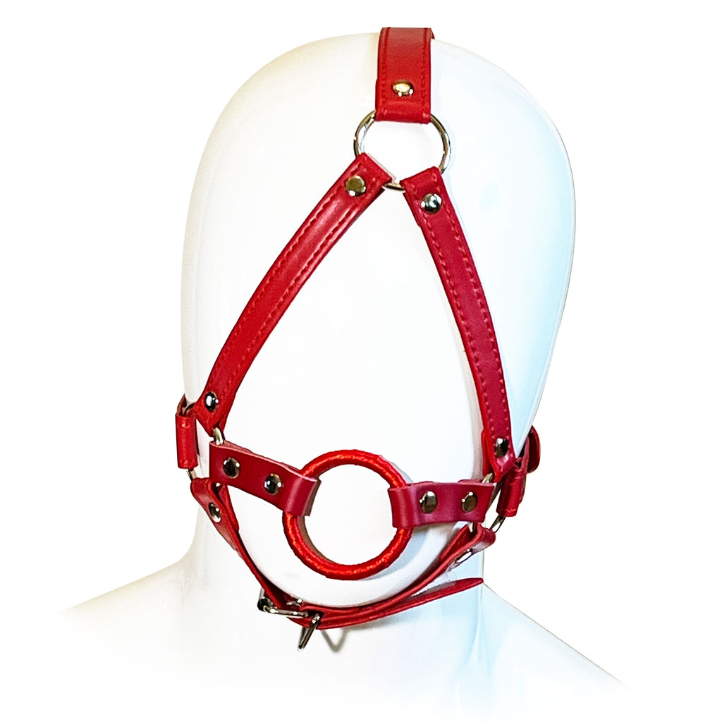 Open Mouth Head Harness by Fetish Pleasure Play in Red