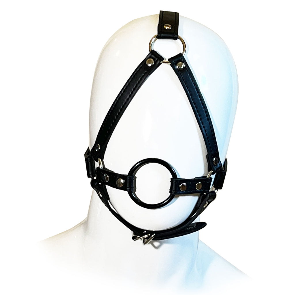 Open Mouth Head Harness by Fetish Pleasure Play in Black