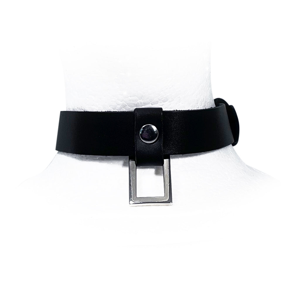 Black Leather Collar with Rectangular Pendant by Fetish Pleasure Play